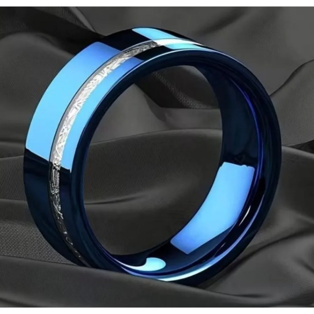 High Polished Blue Tungsten Carbide 8MM with simulated Silver Meteorite Inlay